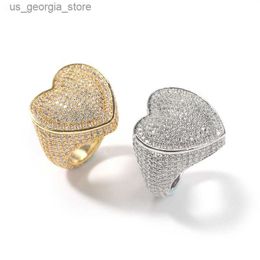 Band Rings Hip Hop Mens Big Size 6-9 Heart Full Zircon Men Gold Silver Ring Iced Out Micro Pave CZ Rings Punk Jewelry Y240328