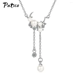 Chains Korean 925 Sterling Silver Cubic Zircon Pearl Pendant Necklaces Adjustable Elegant Wedding Party Jewellery For Women