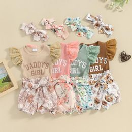 Clothing Sets Baby Girl Summer Outfits Letter Print Lace Sleeve Romper Elastic Waist Floral Belt Shorts Headband 3Pcs Set