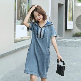 Party Dresses 2024 Summer Women's Korean Casual Short-sleeve Denim Dress Vintage Hooded Plus Size Loose Female Jeans With Pockets