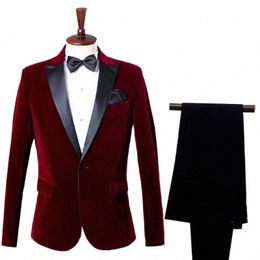 wine Red Slim Fit Shawl Collar Veet Suit Men Party Wedding Tuxedo Suits Men 2 Piece Suit Jacket+Pants Men Terno Masculino Q3rf#