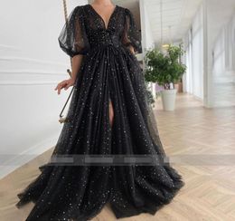 2020 Black Starry Tulle evening Dresses Sparkly VNeck Half Puff Sleeves front slit Ruched Party Dresses Slits Long ALine Prom Go7437531