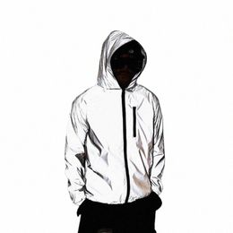 plus Size 4XL Men Spring Autumn full reflective Windbreaker waterproof Jacket male High street hip hop Loose Hooded Coats 86jL#