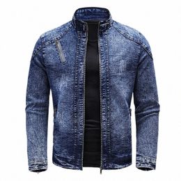 new Motorcycle Denim Jacket Men Retro Zippers Stand Collar Denim Coats Mens Cott Slim Fit Denim Jacket Moto Biker Outerwear Z3i9#