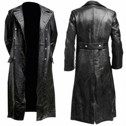 men's GERMAN CLASSIC WW2 MILITARY UNIFORM OFFICER BLACK LEATHER TRENCH COAT a9w2#