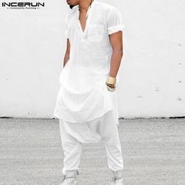 INCERUN Men Sets Solid Muslim Clothing Stand Collar Long Sleeve Shirt Dropcrotch Pants 2PCS Vintage Mens Suits S5XL 240312