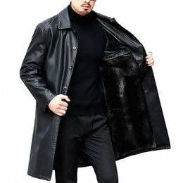 men Autumn Winter Faux Leather Windbreaker Lapel Lg Sleeve Pockets Single Breasted Fleece Lining Jacket Coat Loose Lg Outwea 39N4#