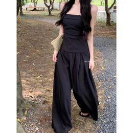 2024 Spring High Street Fashion Pleated Loose Casual Wide Leg Pants Women Sexy Backless Black Camisole Two-piece Suit240327