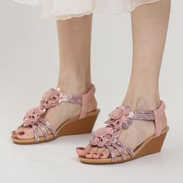 Sandals Summer Elastic Band Women Fashion Wedge Heel Open Toe Flowers Decoration Strap Roman Zapatos Mujer