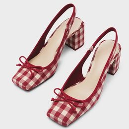Women y Heeled Sandals Retro Square Toe Mary Janes Pumps Shoes Slingbacks Spring Summer High Heels Baotou Plaid 240318