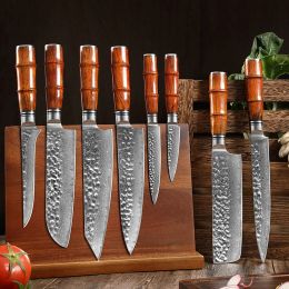 Forged Hammer mark Damascus Kitchen Knife 1-8 Piece Damascus Steel knives Set Chef Knife Santoku Knife Non-stick Blade