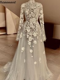 Princess Embroidered Colorful Floral Wedding Dress Custom Made Puffy Mesh Overlay High Neck Backless Bridal Gowns