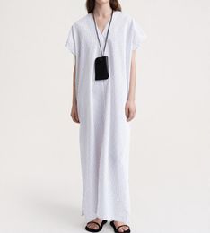 24 Summer toteme - Elegant V-neck Navy Blue Stripe Mid length One Step Dress Short Sleeve Dress