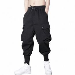 casual Multi-Pocket Cargo Trousers Loose Harem Pants Fi Outdoor Hip Hop Streetwear Male Drawstring Elastic Black Sweatpants e8WL#