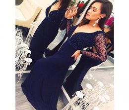 2019 High Quality Crystal Beaded Navy Blue Satin Prom Dresses V Neck Sheer Long Sleeves Mermaid Evening Party Prom Gowns New Arriv9458459