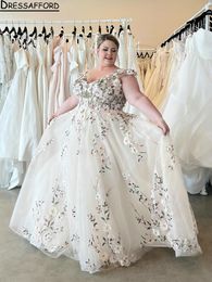 Plus Size Floral Embroidery A-Line Wedding Dresses Off The Shoulder Open Back Bridal Gowns Vestidos De Novia