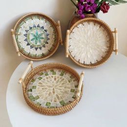 Baskets Vintage Handmade Rattan Woven Tray Boho Style Natural Colourful Shells Weaving Basket with Wood Handle Home Decor Serving Trays