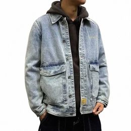 men's Denim Jacket Cargo Male Jean Coats Wide Shoulders Gray Fi in Lowest Price Winter Outerwear Large Size Menswear New G v9lz#