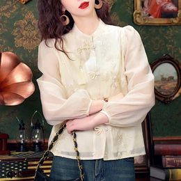 Women's Blouses YCMYUNYAN-Satin Chinese Style For Women Silk Shirts Vintage Clothing Loose Embroidery Full Tops Spring Summer