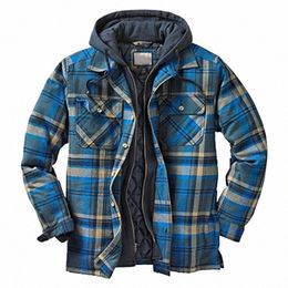 men's Hooded Quilted Lined Fleece Shirt Jacket, Lg Sleeve Plaid Butt Up Jackets Autumn and Winter Thick Coats x39y#