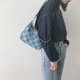 Bag Women Small Shoulder Bags Blue Checked Handbag Canvas Tote Chain Underarm Ladies Denim Half Moon Cotton Cloth Purse