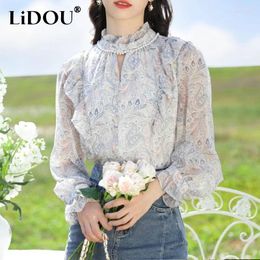 Women's Blouses 2024 Spring Autumn Fashion Floral Printing Blouse Women Stand Collar Butterfly Sleeve Loose Shirt Female Temperament Tops