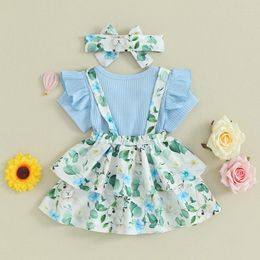 Clothing Sets Infant Baby Girls Skirts Set 3Pcs Easter Outfit Summer Floral Ribbed Short Sleeve Romper Suspender Skirt Suit