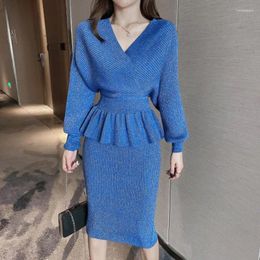 Work Dresses Batwing Sleeve Sparkling Knitted Cotton Skirt Suits Women Backless Ruffles Pullover Sweater Midi Set