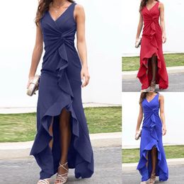 Casual Dresses 2024 Summer Ruffles Long Dress Women Elegant High Slit Sleeveless Party Skirt Asymmetric Bodycon Formal Occasion