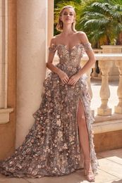 Party Dresses 3D Floral Off-Shoulder Illusion V-Neck Layered Slit Gown Draped Sleeves Leg Side Debut Ball Cocktail Red Carpet Evening