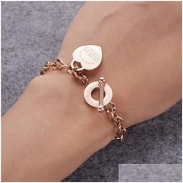 Charm Bracelets New Fashion Lover Heart Pendant Rose Gold Color Stainless Steel Bracelet For Women Girls Valentines Day Gift Drop Deli Othza