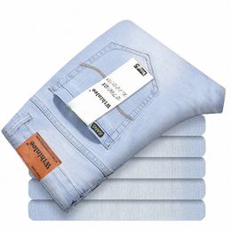 new Summer Busin Men's Jeans Casual Straight Stretch Fi Classic sky Blue Work Denim Trousers Male Brand Clothing b4Au#