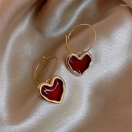 Dangle Earrings Wine Red Heart For Women Korean Simple And Elegant Gold Color Metal Love Hanging Vintage Jewelry