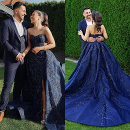 Stunning navy blue Dress with overskirts sweetheart beading lace Wedding Dresses bridal gowns front Slit sweep train designer country robe mariage