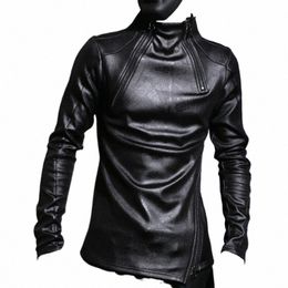 autumn Winter Men Stand Collar Warm Fleece Lining Pullover Gothic Slim Fit Punk Coat Black Motorcycle Pu Leather Jacket C3w6#