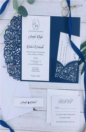 Navy Blue Laser Cut Pocket Wedding Invitation Suites Customizable Invites With Envelope Shipped by UPS4457244