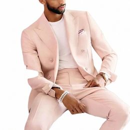 pink Peak Lapel Double Breasted Men Suits Smart Casual Outfits Prom Groom Wedding Tuxedo 2 Piece Suit Blazer Jacket with Pants o0xv#