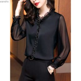 Women's Blouses Shirts Lace pleated chiffon shirt for womens clothing 2023 autumn/winter new office womens long sleeved floral vintage elegant shirt 4XLL240328