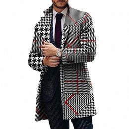 fall Winter Men Trench Coat Plaid Print Loose Cardigan Plus Size Windproof Formal Busin Mid Length Lg Jacket B9rT#