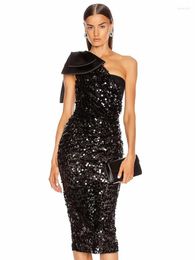 Casual Dresses Sexy One Shoulder Bow Sequins Midi Dress Women Black Slanted Neck Mesh Sequined Slim Elegant Party Evening Club