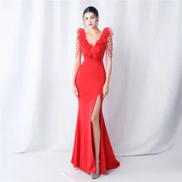 Casual Dresses Sladuo Sexy V Neck Beading Mesh Ruffle Dress For Women Sleeveless Elegant Split Evening Celebrity Party Vestidos