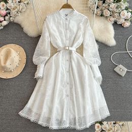 Basic Casual Dresses Beaded Belt Button Hollow Flower Hook Vintage White Black Lace Dress Women Elegant Lantern Sleeve Single Breasted Oto3I