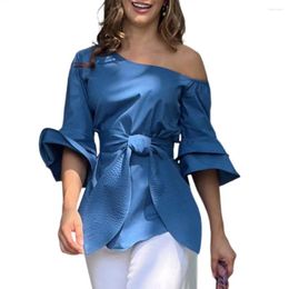 Women's Blouses Lace-up Waist Tight Tops Elegant Skew Collar Summer Blouse With Flared Half Sleeve Solid Colour Pullover