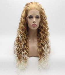 Iwona Hair Curly Long Honey Blonde Root White Ombre Wig 1827HR1001 Half Hand Tied Heat Resistant Synthetic Lace Front Wigs5400035