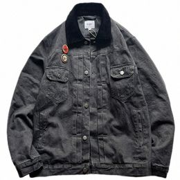 retro Men Ctrasting Colours Distred Double Fold Denim Jacket Loose Dark Grey Cargo Jeans Coat Male o4tJ#