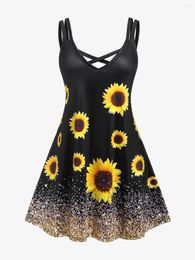 Casual Dresses ROSEGAL Women's Sexy V-Neck A-Line Fashion Sunflower 3D Print Knee Length Dress Black Sleeveless Summer Everyday