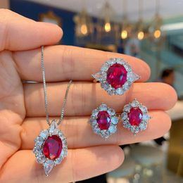 Necklace Earrings Set Red Ruby Zircon Imitation Blue Paraiba Gemstone Pendant Adjustable Ring Stud Jewellery
