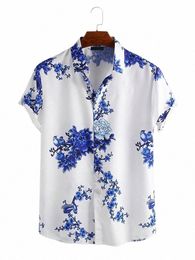 european and American Men's Printed Shirt Southeast Asian Casual ink Painting Plum Blossom Short Sleeved Lapel Shirt S-3XL p1Bz#