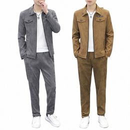 men Corduroy Sets 2022 Autumn New Two Piece Lg Trousers and Jakcet Clothing Casual Track Suit Male Big Pockets Sweatsuits 60Yd#