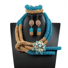 Necklace Earrings Set 2.5 Rows Handmade Nigerian African Crystal Beads Jewelry Costume Bridal